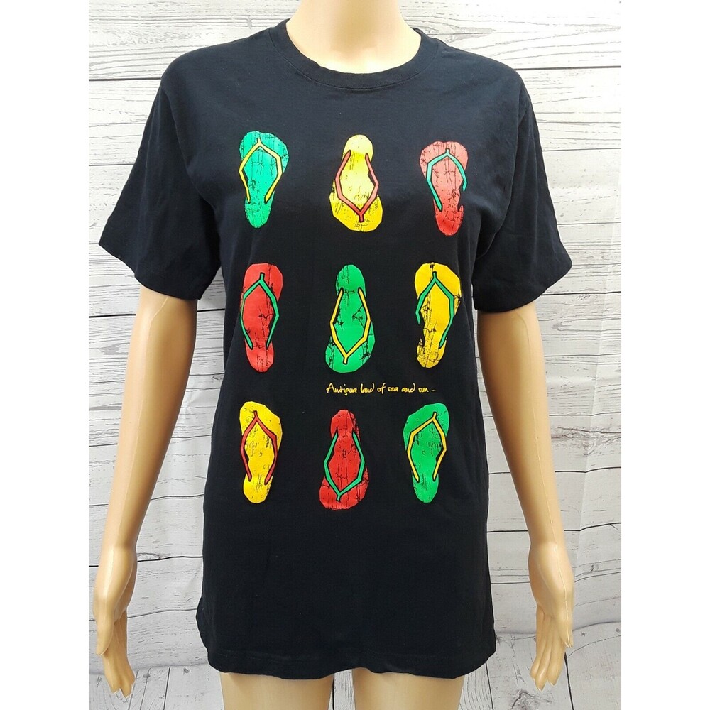 Antigua & Barbuda Land of Sea and Sun Black T Shirt Flip Flops Graphic Print S